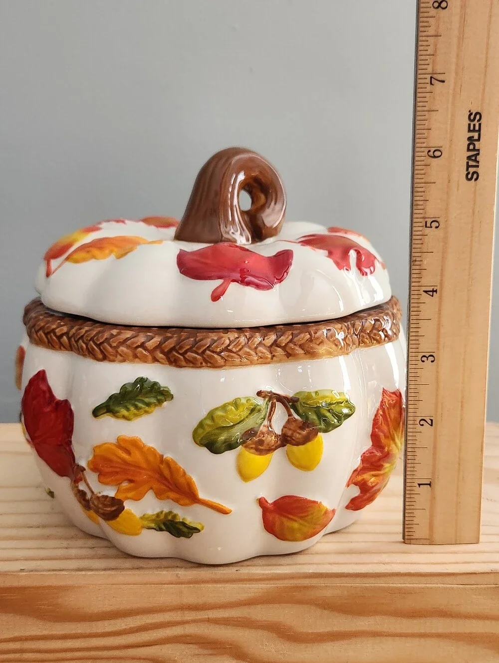 Autumn Fall Leaf Ceramic Pumpkin Shaped Covered Jar